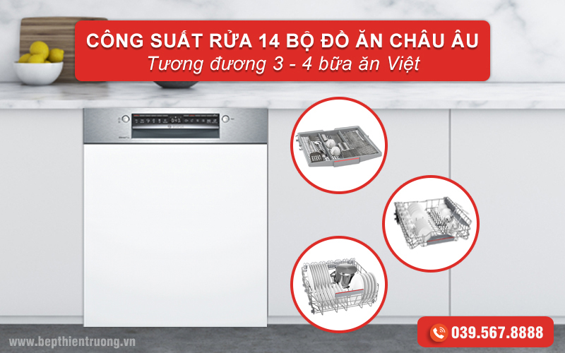 Máy rửa chén Bosch SMI4HCS48E có thể rửa tối đa 14 bộ đồ ăn.