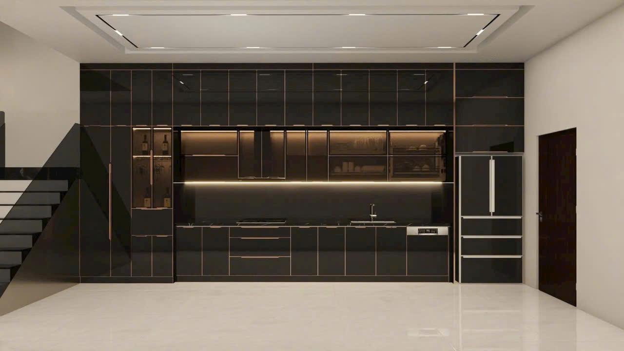 Tủ bếp inox cánh kính chống han gỉ, dễ vệ sinh, bền đẹp theo thời gian