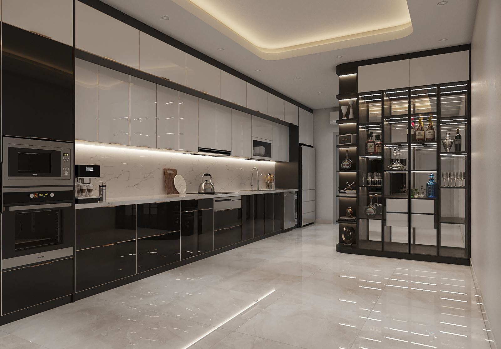 Tủ bếp kết hợp kính ốp màu, tạo điểm nhấn hiện đại cho gian bếp