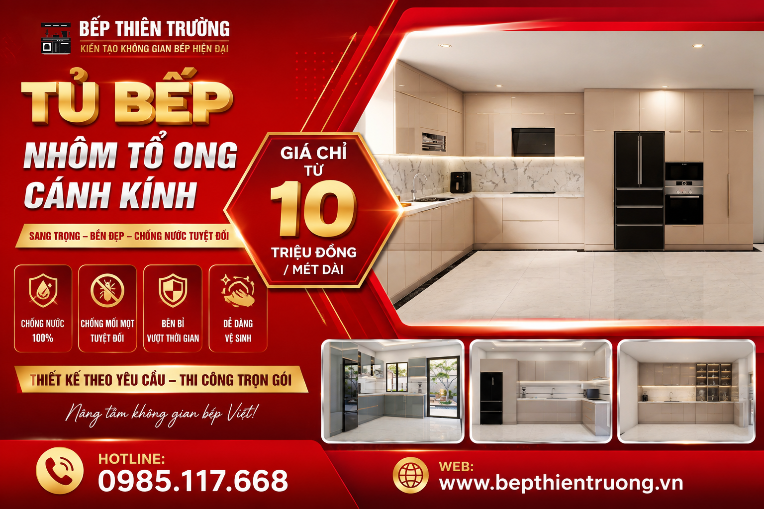  Tủ Bếp Nhôm Tổ Ong Cánh Kính Cao Cấp - Bếp Thiên Trường